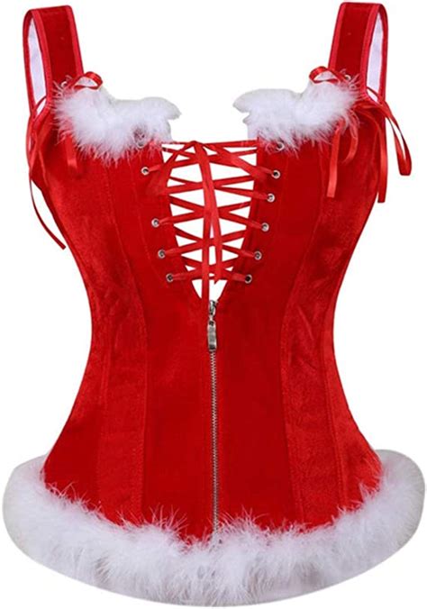 christmas santa corset bustier lingerie top white feathers corselet overbust plus size red