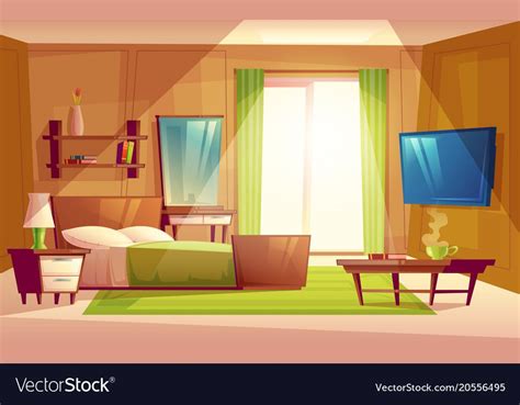 Vector Cartoon Interior Of Cozy Modern Bedroom Living Room With Double