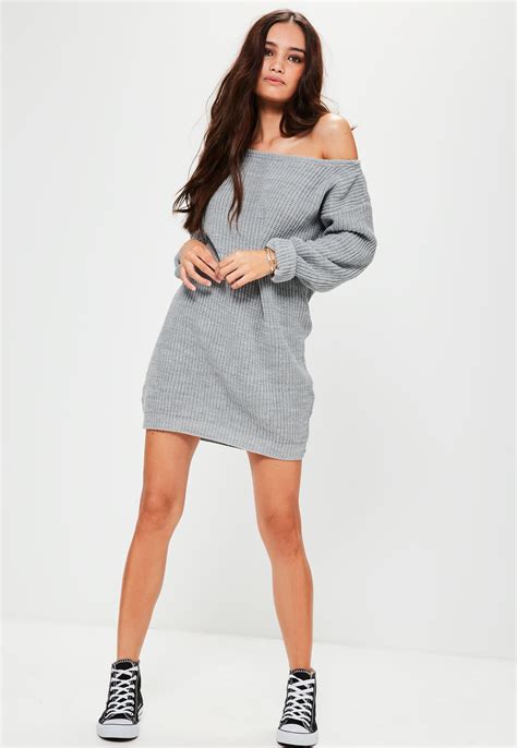 Lyst Missguided Grey Knitted Off Shoulder Jumper Dress In Gray