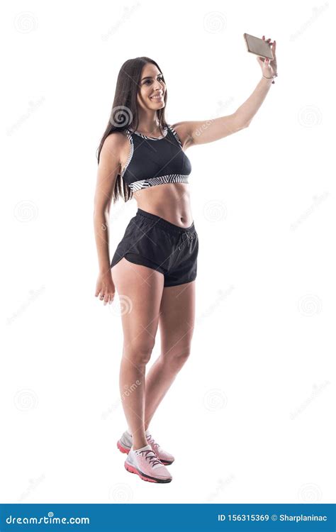 Happy Relaxed Woman Fitness Model Taking Selfie Showing Perfect Abs Muscles Stock Image Image