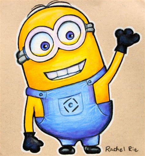 A Drawing Of A Yellow Minion With Blue Overalls And One Hand In The Air