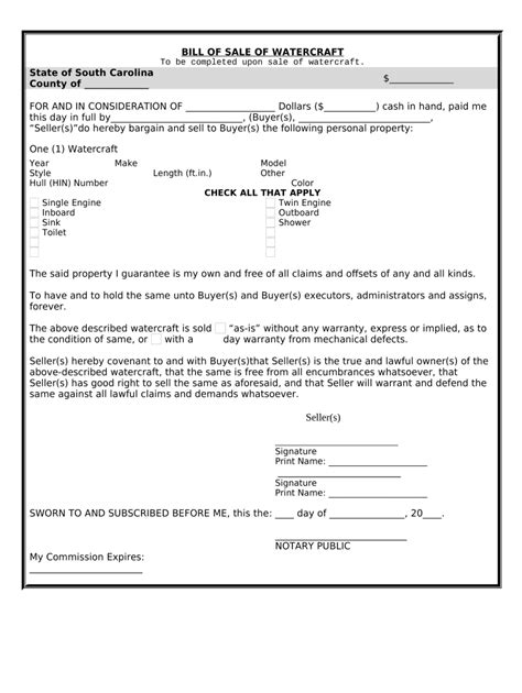 Bill Of Sale For WaterCraft Or Boat South Carolina Form Fill Out And