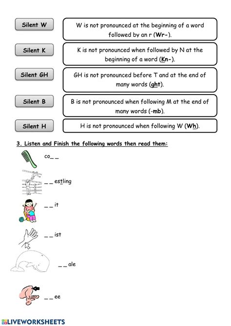 Some of the worksheets displayed are silent letter word sort and work, have fun teaching, silent letters practice, day 1 warm up, silent letters, silent letters sorting, quiz silent letters, silent letter crossword. Silent letters - Interactive worksheet
