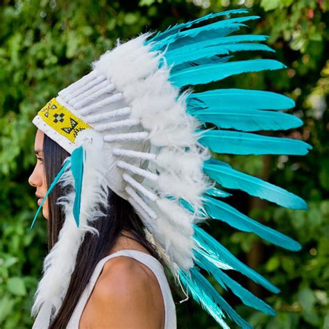 White Aqua Chief Headdress 65cm Indian Headdress Novum Crafts