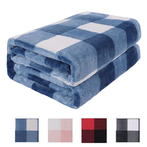 Plaid Soft Plush Fleece Blanket For Sofa Couch Bed Blue And White 90 X