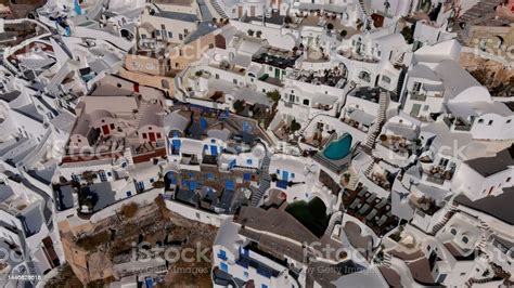 Birds Eye View Of Oia Village On Santorini Island Greece Stock Photo