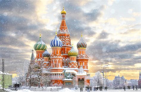 Moscow Russia Red Square View Of St Basils Cathedral Russian
