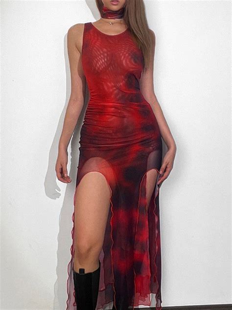Emmiol Free Shipping 2023 High Slit Mesh Bodycon Maxi Dress Red S In Maxi Dresses Online Store