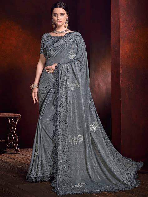 Dark Grey Shimmer Designer Saree With Pearl Work And Cutwork Border