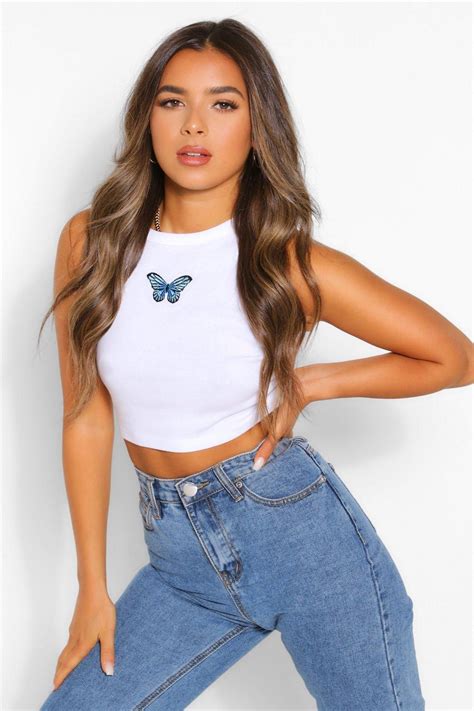 Petite Butterfly Motif Rib Crop Top Boohoo In 2021 Crop Top Outfits