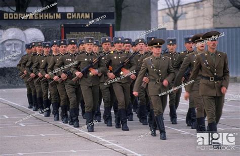 russian soldiers marching at an army barracks in frankfurt oder east germany gdr europe stock