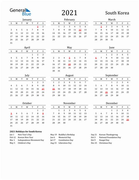 Free South Korea Holidays Calendar For Year 2021