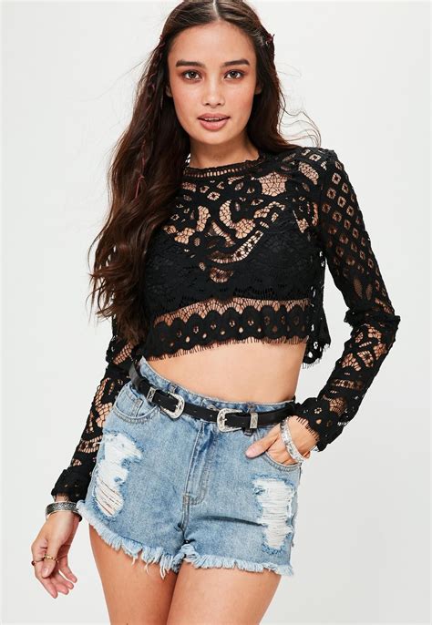 Black Patterned Lace Crop Top Missguided Crop Tops Tops Ladies Tops Fashion