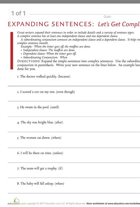 Complex Sentence Worksheet Th Grade
