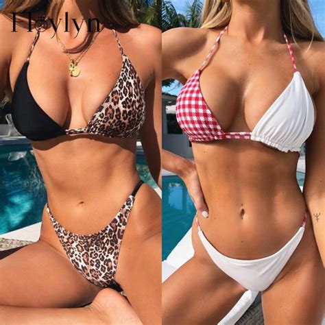 Floylyn Women Sexy Thong Bikini Set Halter Patchwork Leopard Plaid