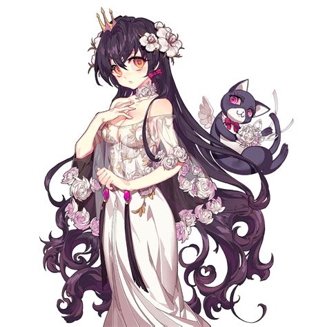 An Anime Character With Long Hair And Flowers On Her Head Standing Next To A Cat
