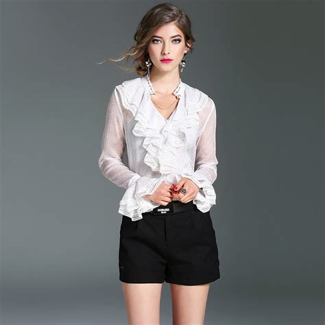 white ruffles silk blouses womens clothing ladies 3 colors vintage ruffle collar plus size long