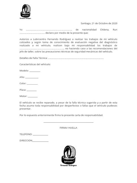 Carta De Responsabilidad De Un Vehículo Pdf