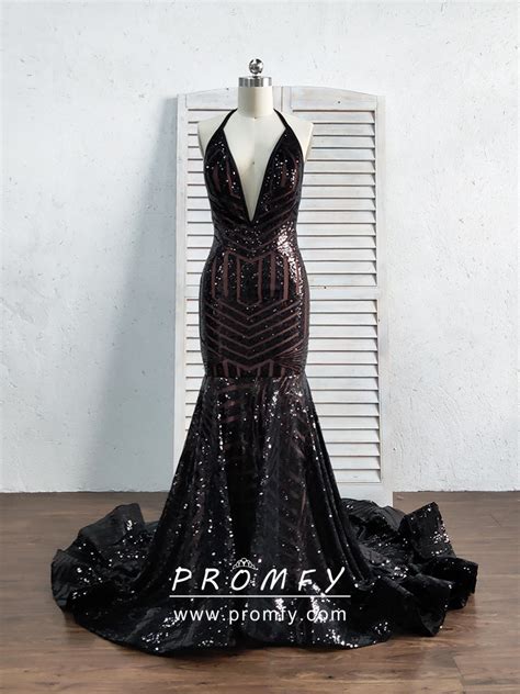 Promfy Black Sequin And Pink Lining Mermaid Prom Dress