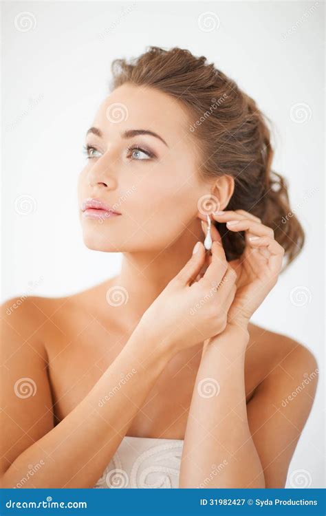 Woman Wearing Shiny Diamond Earrings Stock Image Image Of Attractive Hand