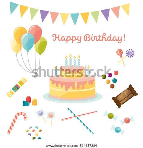 Happy Birthday Flat Icon Set Illustration Stock Vector Royalty Free