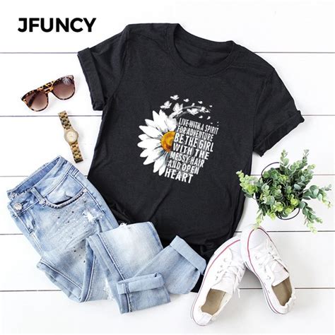 Jfuncy New Summer Cotton Women T Shirts Creative Chrysanthemum
