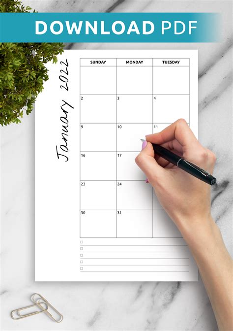 Download Printable Monthly Calendar With Notes Pdf