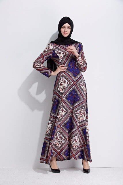 Fashion Print Polyester Muslim Women Long Sleeve Dress Abaya In Islamic