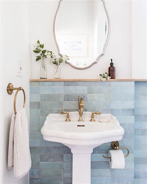 Pedestal Sink Against Blue Tile Wall Soul And Lane