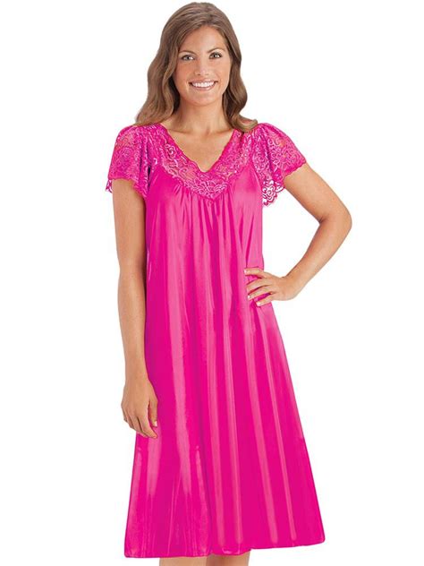 Collections Etc Silky Lace Trim V Neckline Knee Length Nightgown With Flutter Lace Sleeves