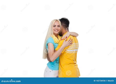 Beautiful Young Happy Couple Love Smiling Embracing Hispanic Man Woman