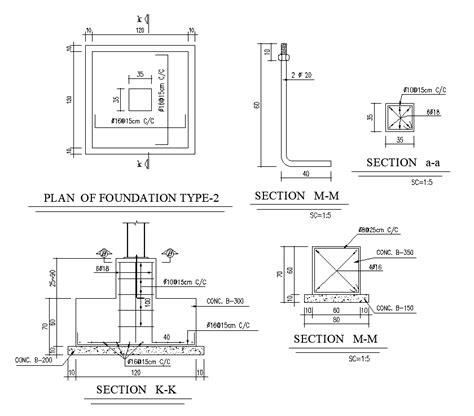 120x120 Mm Foundation Plan And Section Cad Drawing Dwg File Cadbull