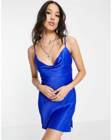 Bershka Cowl Neck Satin Mini Dress In Blue Lyst