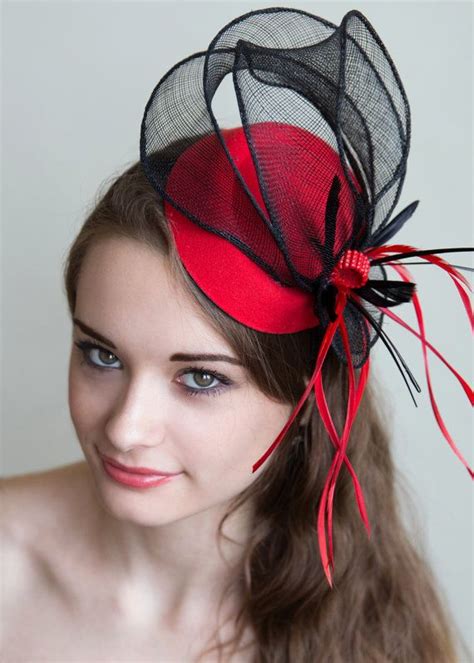Red Fascinator Black Mesh Red Feathers Fascinator Mini Wedding Hat