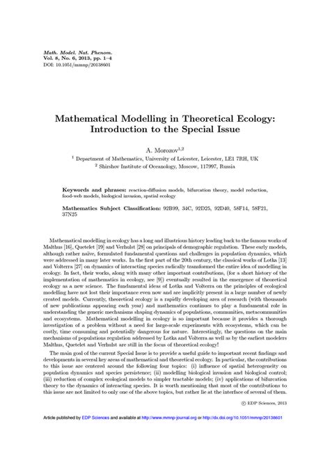 Mathematical Modelling In Theoretical Ecology Introduction To The
