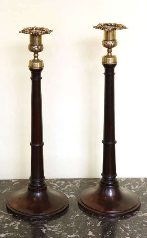 Pair Of Antique Georgian Mahogany And Brass Candlesticks English