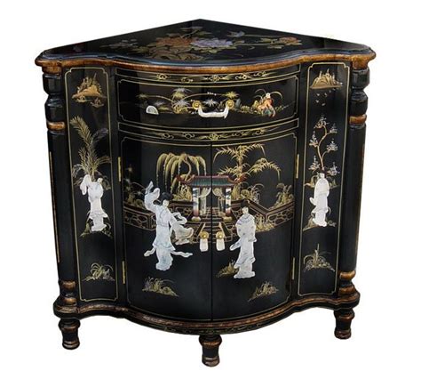 Oriental Furniture Chinese Corner Cabinet Black Lacquer Mother Of Pearl