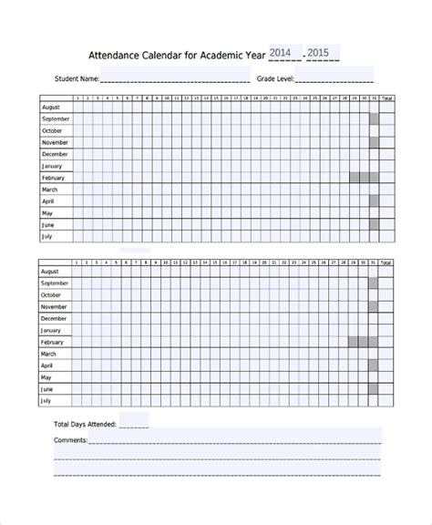 Free 8 Sample Attendance Calendar Templates In Pdf Ms Word