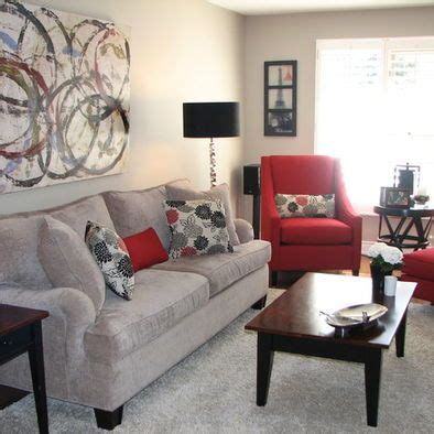 How to decorate a living room with the colors of red, grey, and black. Grey Sofa Red Living Design Ideas, Pictures, Remodel and Decor | Red living room decor, Grey and ...