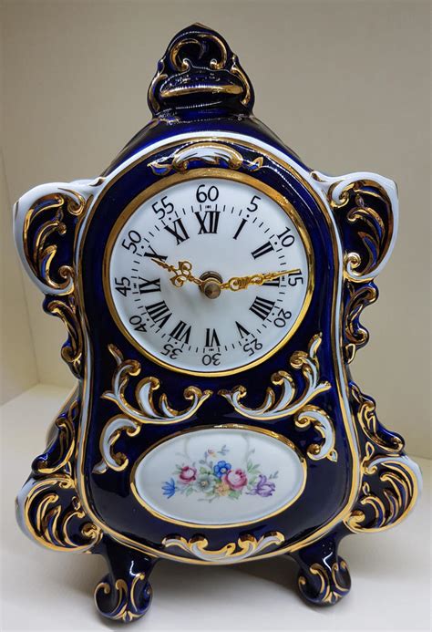 stolní hodiny české baroko porcelán modré CZ - GoldEligius