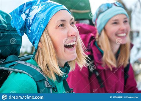 Two Smiling Women In A Winter Hike Stock Image Image Of Backpacker