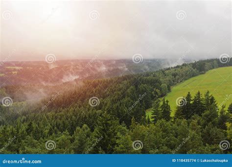 Misty Fog With Sun On Hills And Meadow Czech Landscape Stock Photo