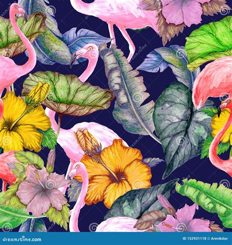 Seamless Tropical Pattern Of Watercolor Flowersflamingos And Leaves