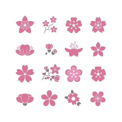 Cherry Pink Flower Spring Sakura Blossom Vector Icon Set By