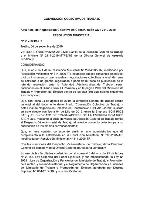 Convención Colectiva de Trabajo CONVENCIÓN COLECTIVA DE TRABAJO Acta