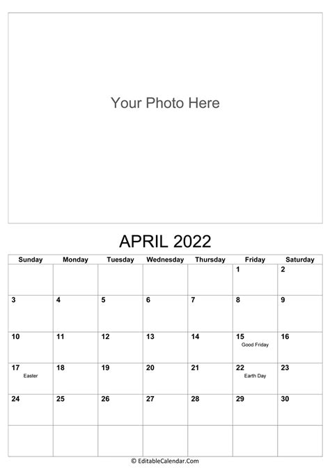 Download April 2022 Photo Calendar Word Version