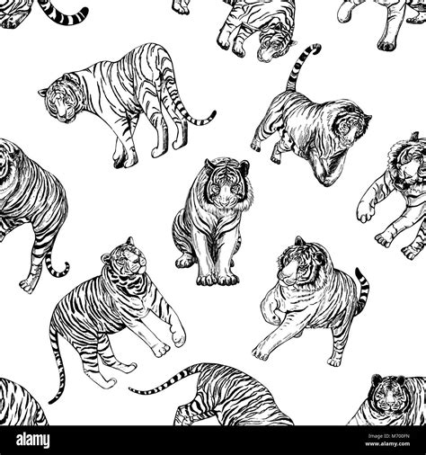Seamless Pattern Of Hand Drawn Sketch Style Tigers Vector Illustration