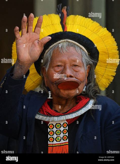File Photo Dated May 16 2019 Of Brazils Legendary Indigenous Chief Raoni Metuktire Poses On