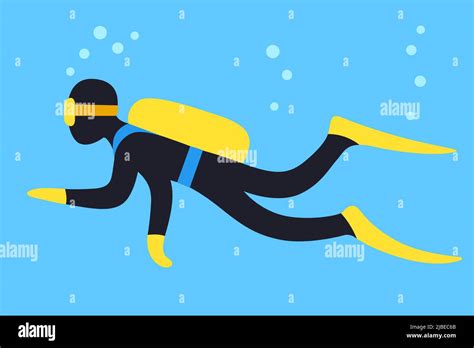 Scuba Diving Cartoon Vector Illustration Diver Swimming Underwater On Blue Background Stock