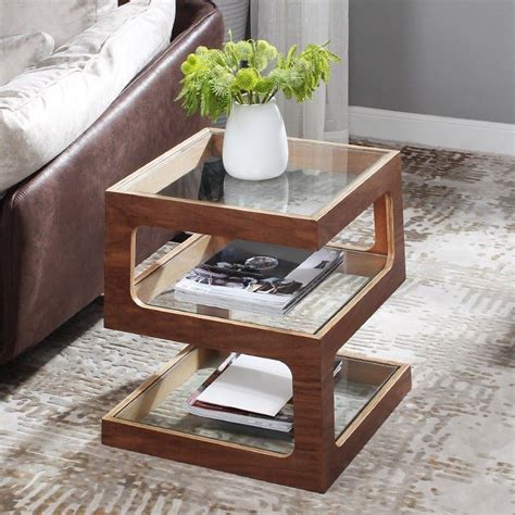 Modern Glass Side Table With 3 Tiers S Shaped End Table In Walnut